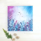 Original Acrylic Painting On Canvas,  Pink & Blue Wild Meadow Flowers And Birds