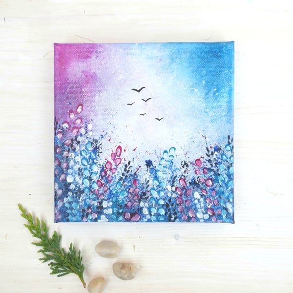 Original Acrylic Painting On Canvas,  Pink & Blue Wild Meadow Flowers And Birds