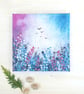 Original Acrylic Painting On Canvas,  Pink & Blue Wild Meadow Flowers And Birds - Image 1