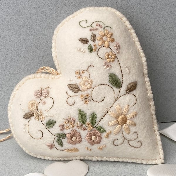 SOLD reserved for GB hand embroidered heart. Hand sewn lavender heart wall decor