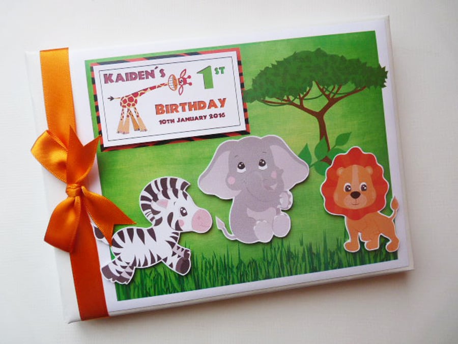 Safar birthday guest book, zebra, elephant, lion, birthday gift