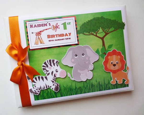 Safar birthday guest book, zebra, elephant, lion, birthday gift