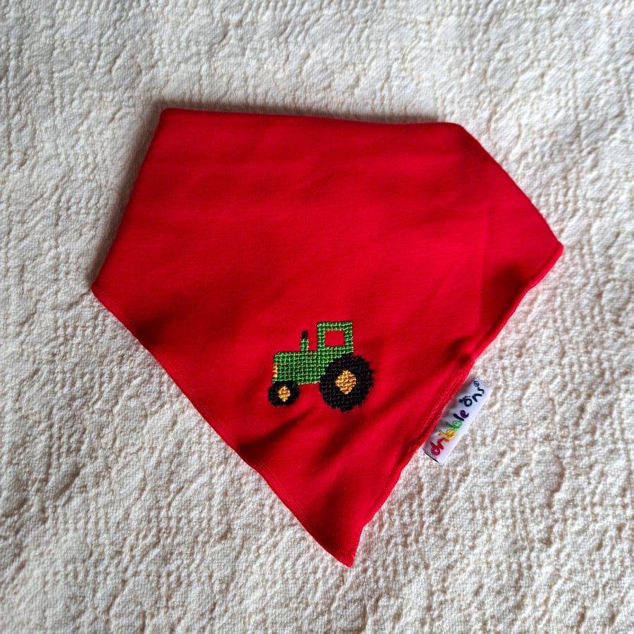 Tractor, dribble bib, hand embroidered
