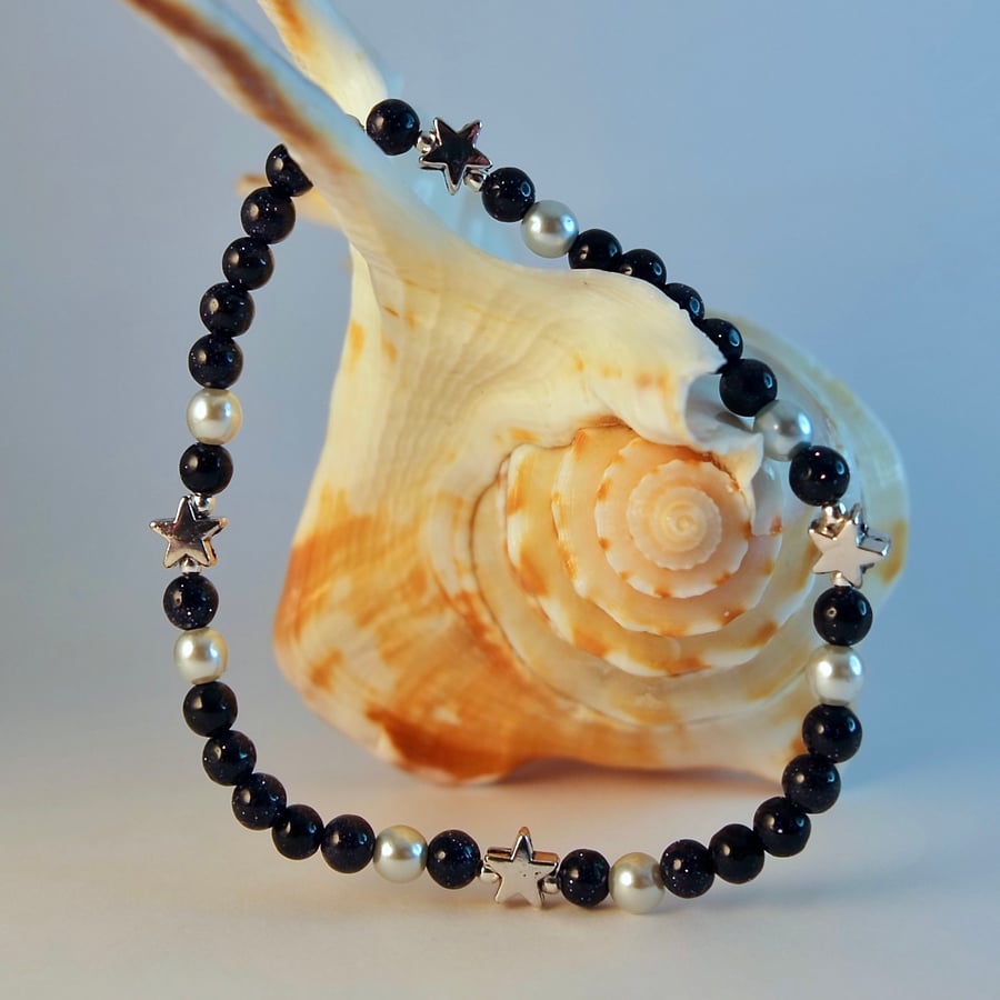 Blue Goldstone Bracelet, Stars & Pearls, Birthday, Valentine, Mother's Day Gift