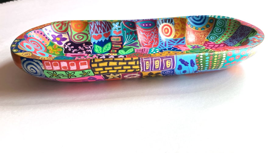 Up cycled colourful hand painted wooden dish 