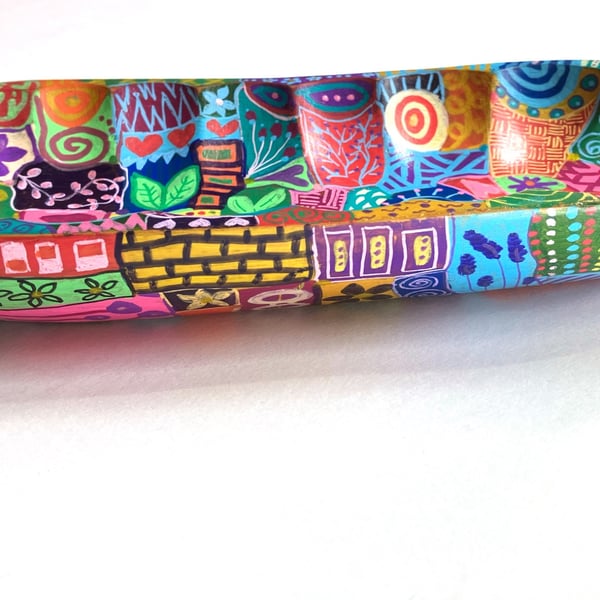 Up cycled colourful hand painted wooden dish 