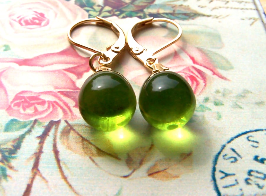 Olive green earrings, glass teardrop earrings, leverbacks, small bead earrings
