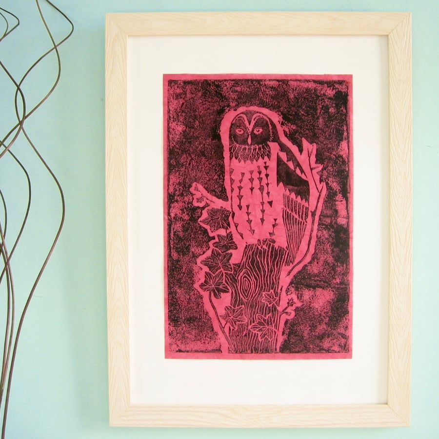 Owl Lino Print on Handmade Paper, Black on Pink