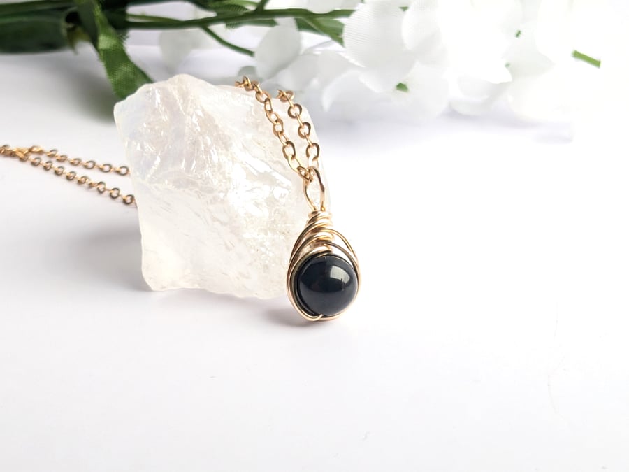 BLACK TOURMALINE Necklace Minimalist 14K Gold Filled Pendant October Birthstone
