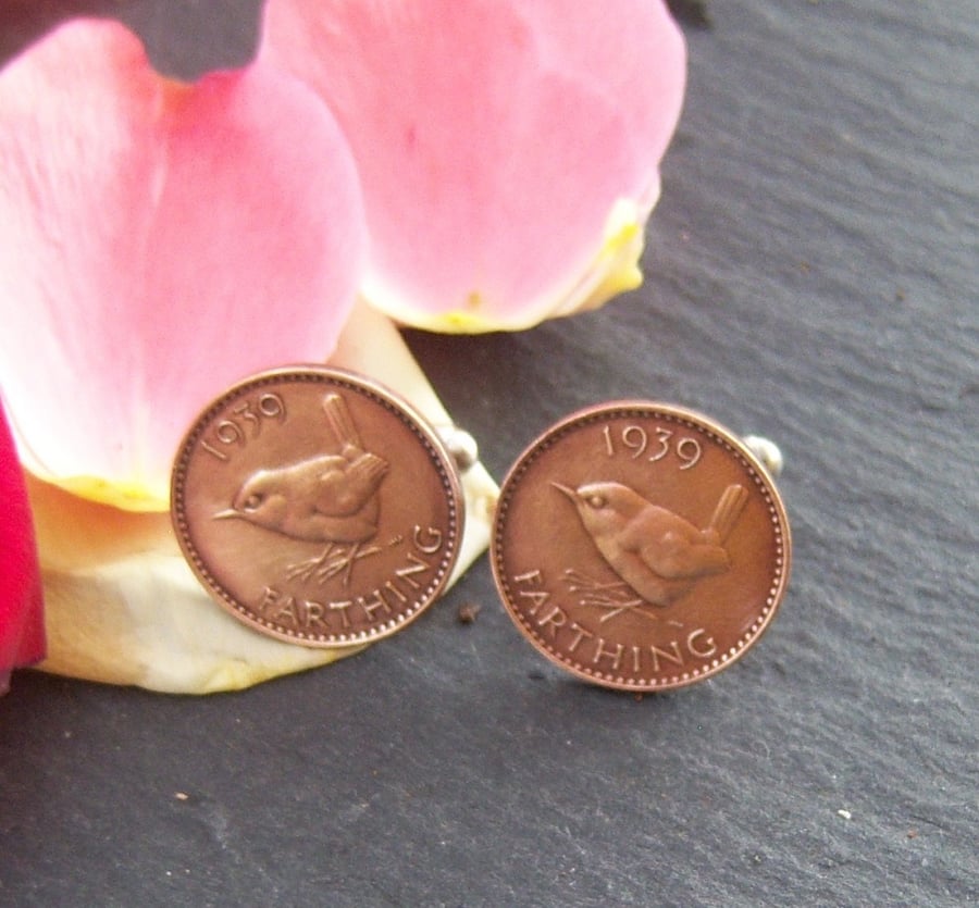 Cufflinks made from farthing coins with wren  