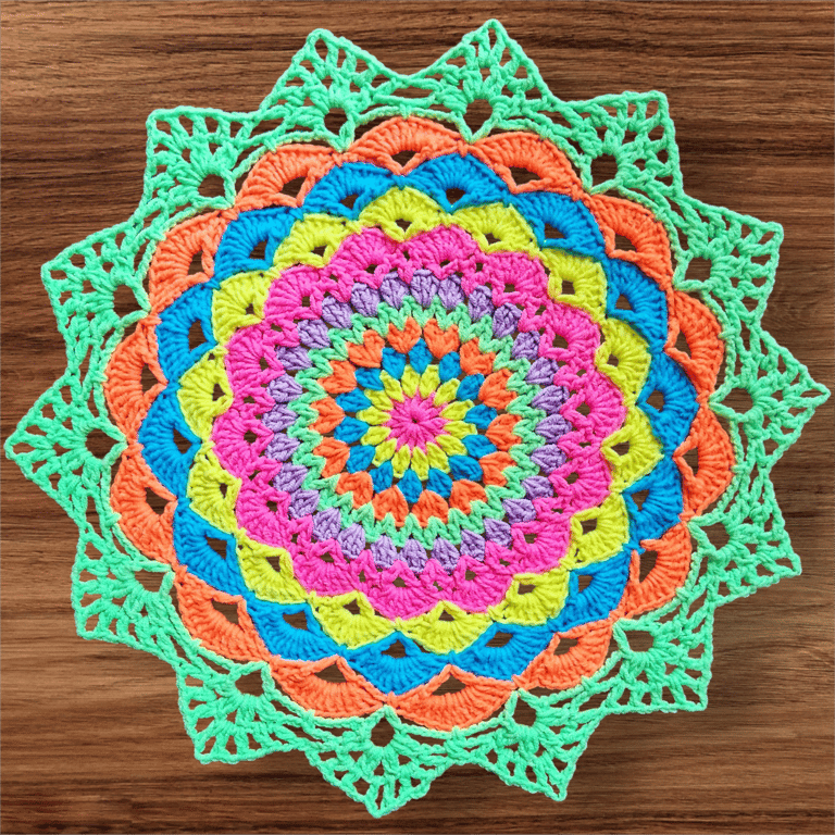Large, bright crochet mandala doily table mat
