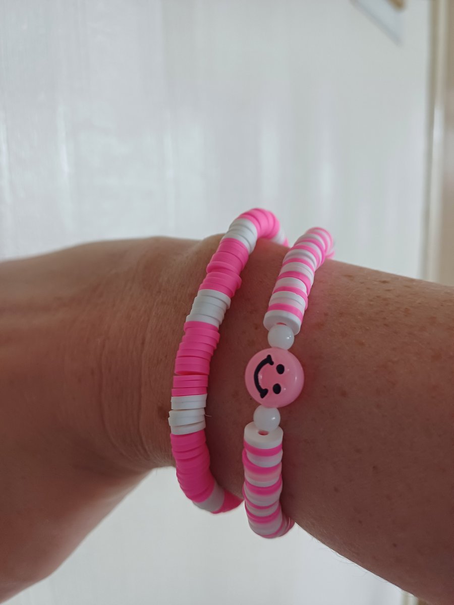 Set of 2 Pink and white barbie inspired clay beaded bracelets, barbie colours