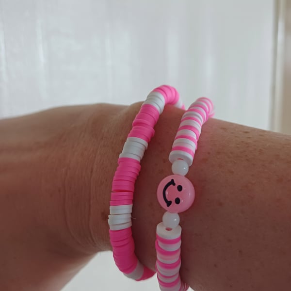 Set of 2 Pink and white barbie inspired clay beaded bracelets, barbie colours