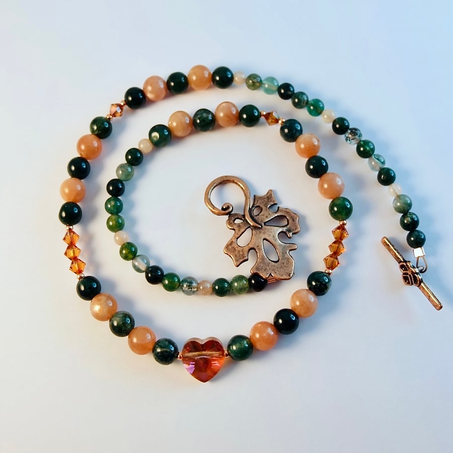 Crystal Heart Necklace With Sunstone & Moss Agate - Handmade Gift For Her
