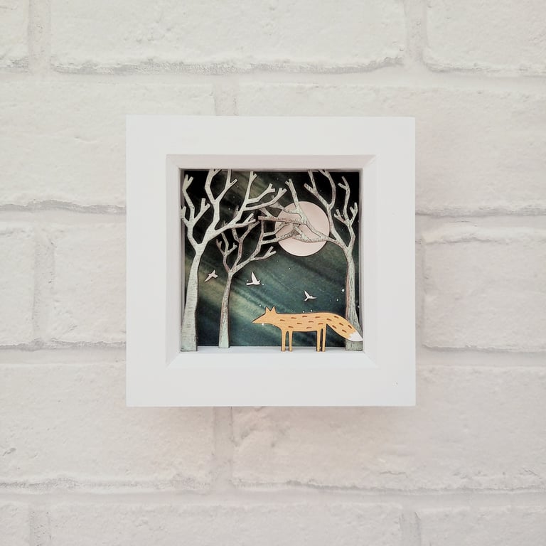 Fox Picture, Diorama, Enchanted Forest Shadow Box, Folk Art