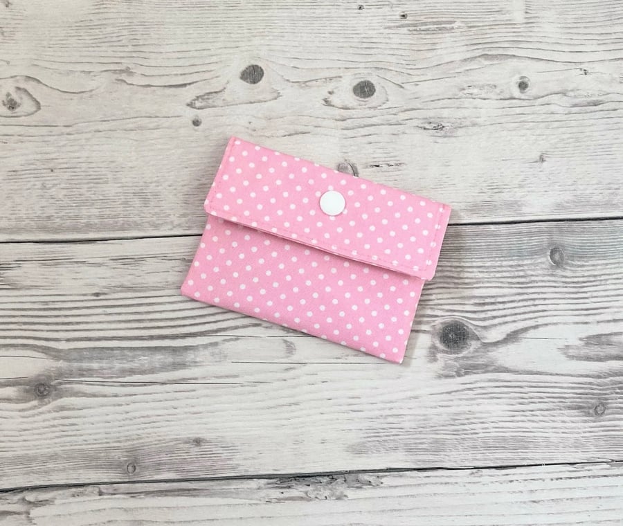 Pink polka dots cotton fabric card holder pouch. Loyalty, credit cards purse. 