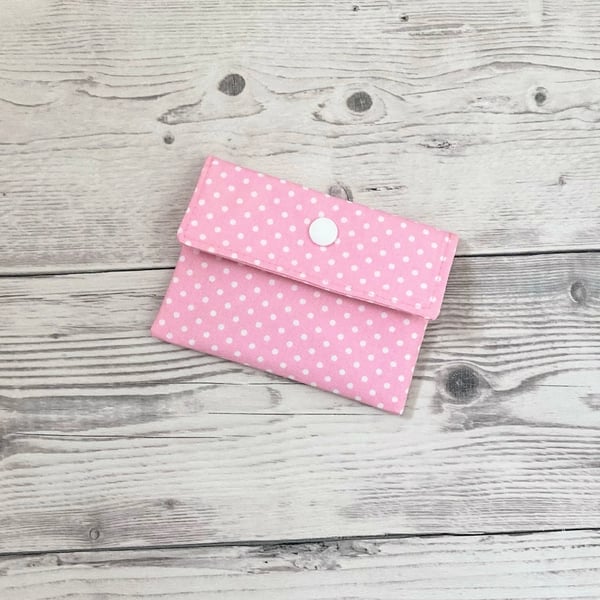 Pink polka dots cotton fabric card holder pouch. Loyalty, credit cards purse. 