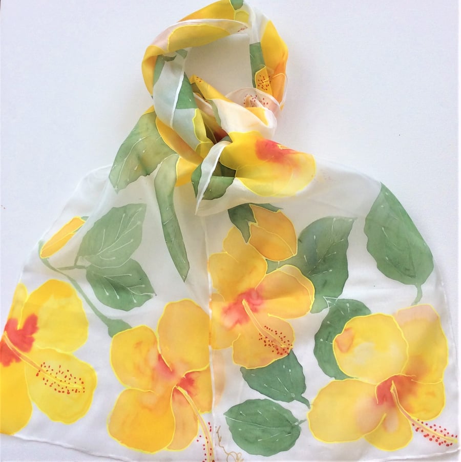 Yellow Hibiscus hand painted silk scarf