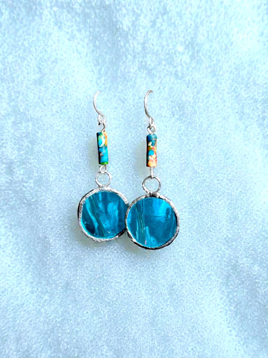 Sterling Silver, Jasper,  Stained Glass Earrings,  Gift Boxed