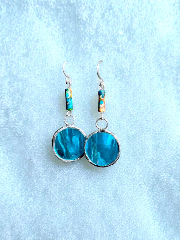 Sterling Silver, Jasper,  Stained Glass Earrings,  Gift Boxed