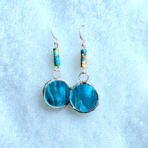 Sterling Silver, Jasper,  Stained Glass Earrings,  Gift Boxed