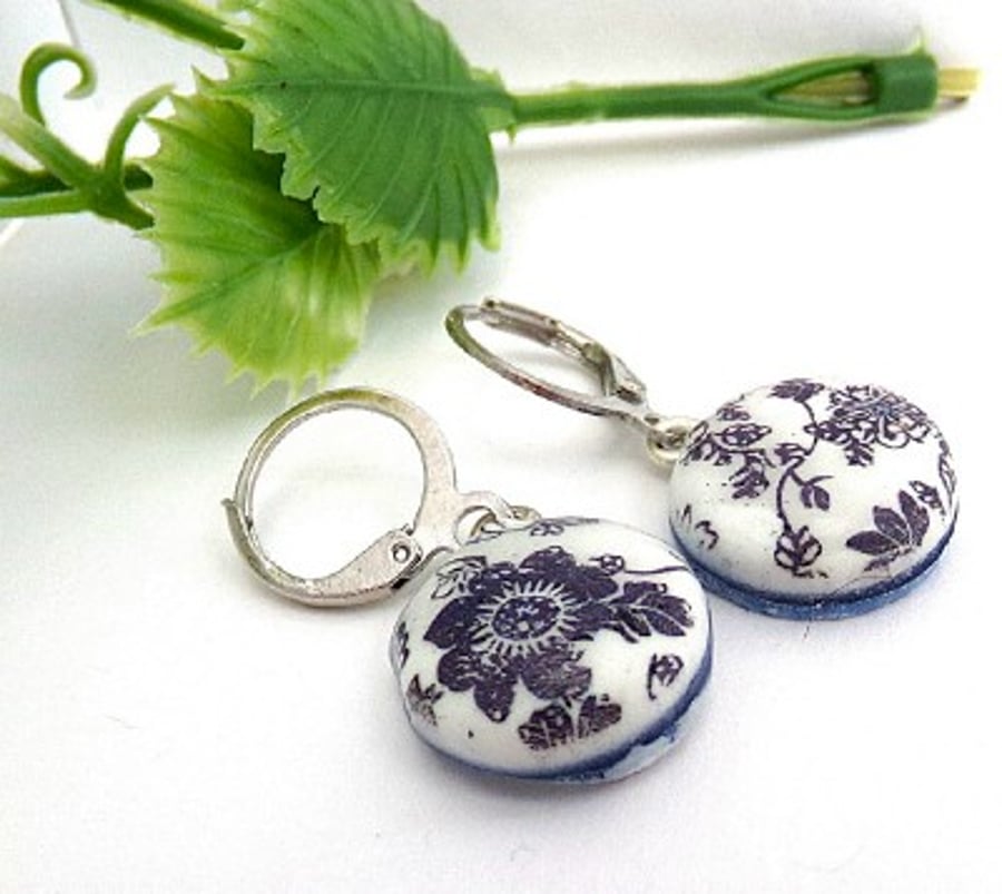 Navy Blue Floral Round Earrings