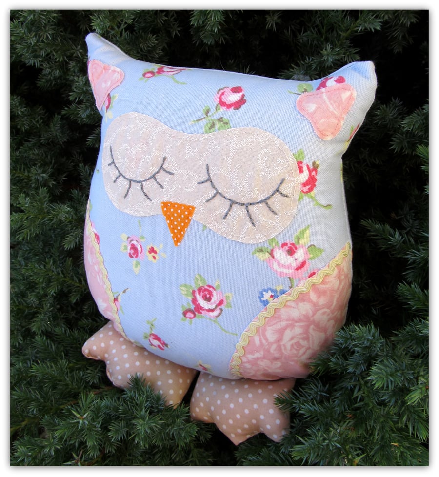 Rosebud,   23cm tall owl cushion.