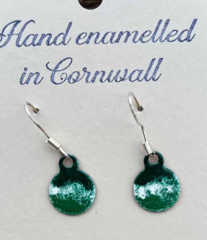Hand enamelled sea earrings in shades of green 