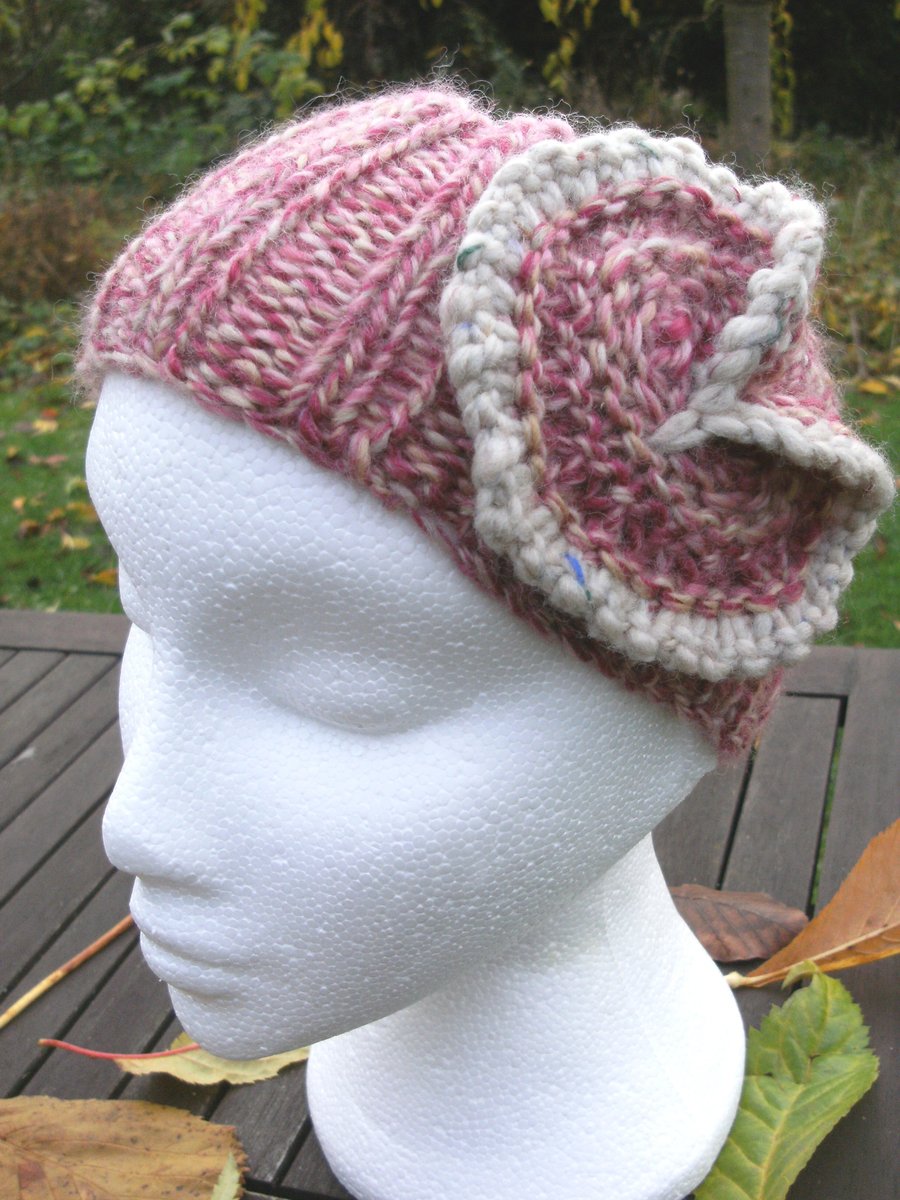 Tweedy Heart Headband 100% Wool in Pink & Cream Small