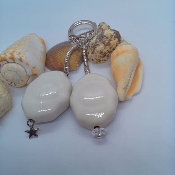 White Ceramic Key Ring with Star Charm or Bead, Teacher's Gift, Unisex Gift