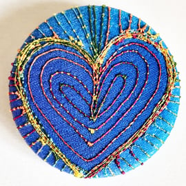 38mm Hand Dyed Fabric Heart Badge with Free Machine Embroidery 