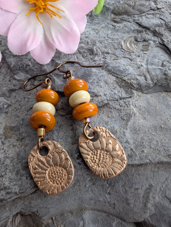 Handmade Sunflower Bronze and Earth Inspired Lampwork Earrings