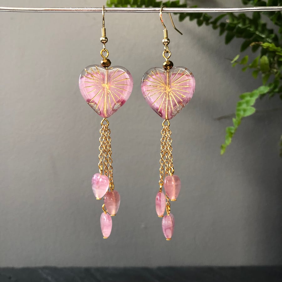 Long Pink & Gold Heart Dangle Earrings. Czech Glass, Gold Plated Dangly Earrings