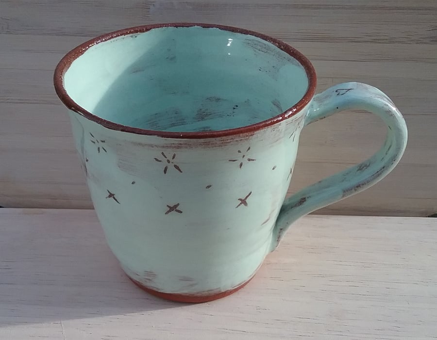 Hand made ceramic mug terracotta & turquoise with rustic design for tea coffee  