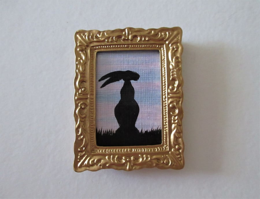 Doll House Miniature Original Painting Framed with Bunny Silhouette Rabbit 