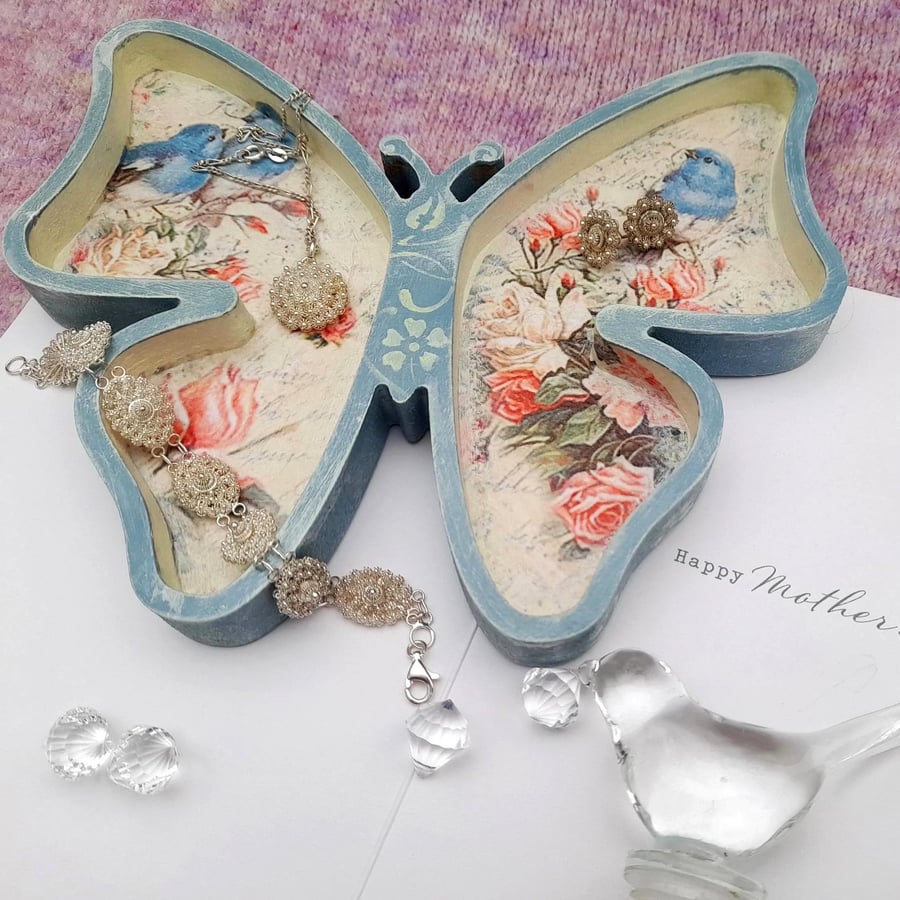 Butterfly Jewellery Tray, Blue Bird & Roses Trinket Dish,Vintage trinket dish