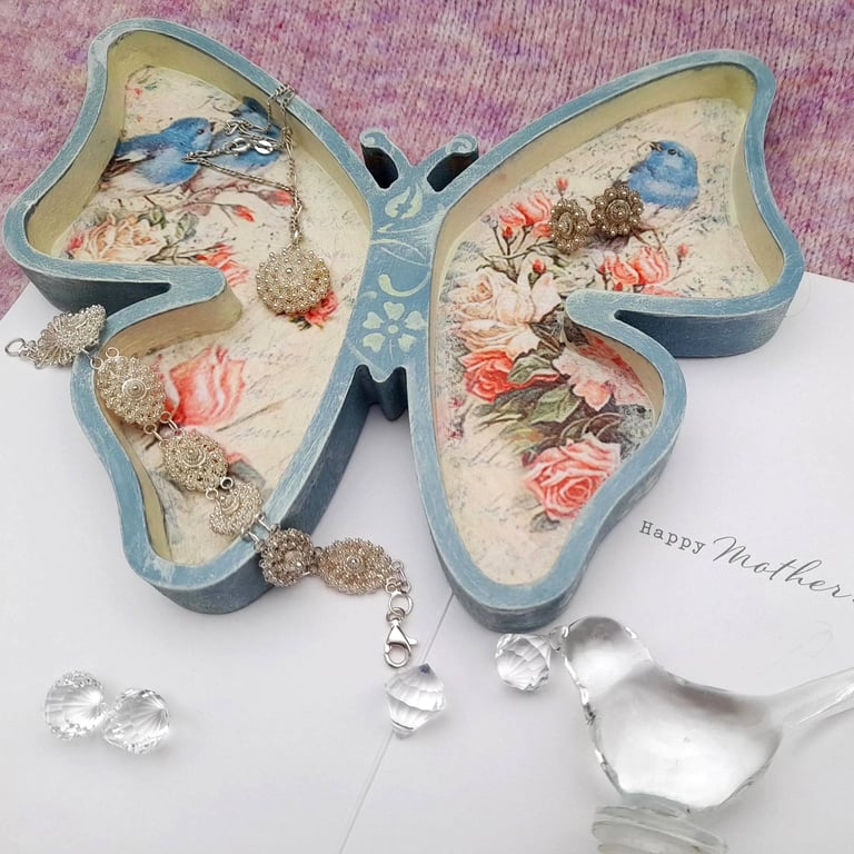 Butterfly Jewellery Tray, Blue Bird & Roses Trinket Dish,Vintage trinket dish