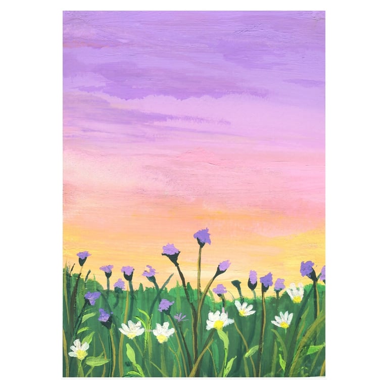Flowers at Sunet - Gouache Landscape Painting - Print from Original Artwork 
