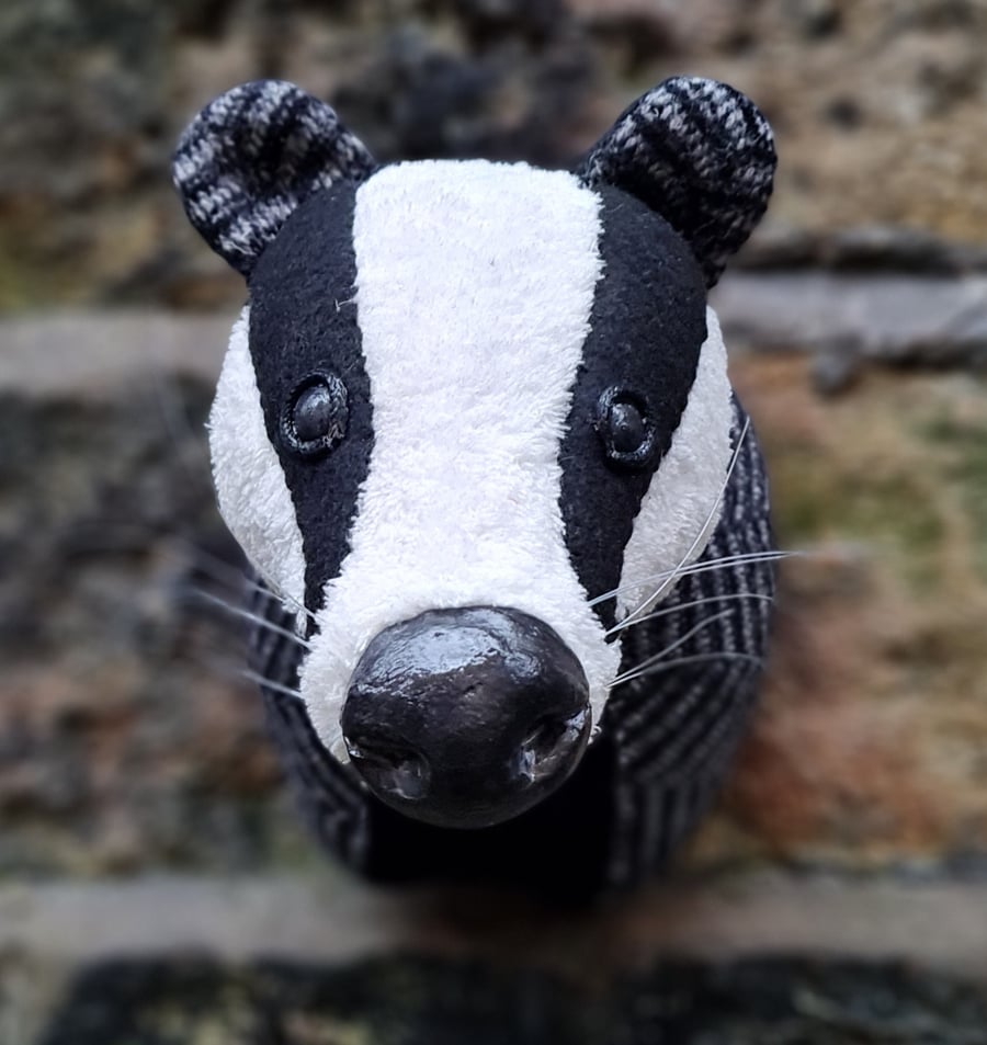 Faux badger wall mount in black, white and checked tweed- Bramble