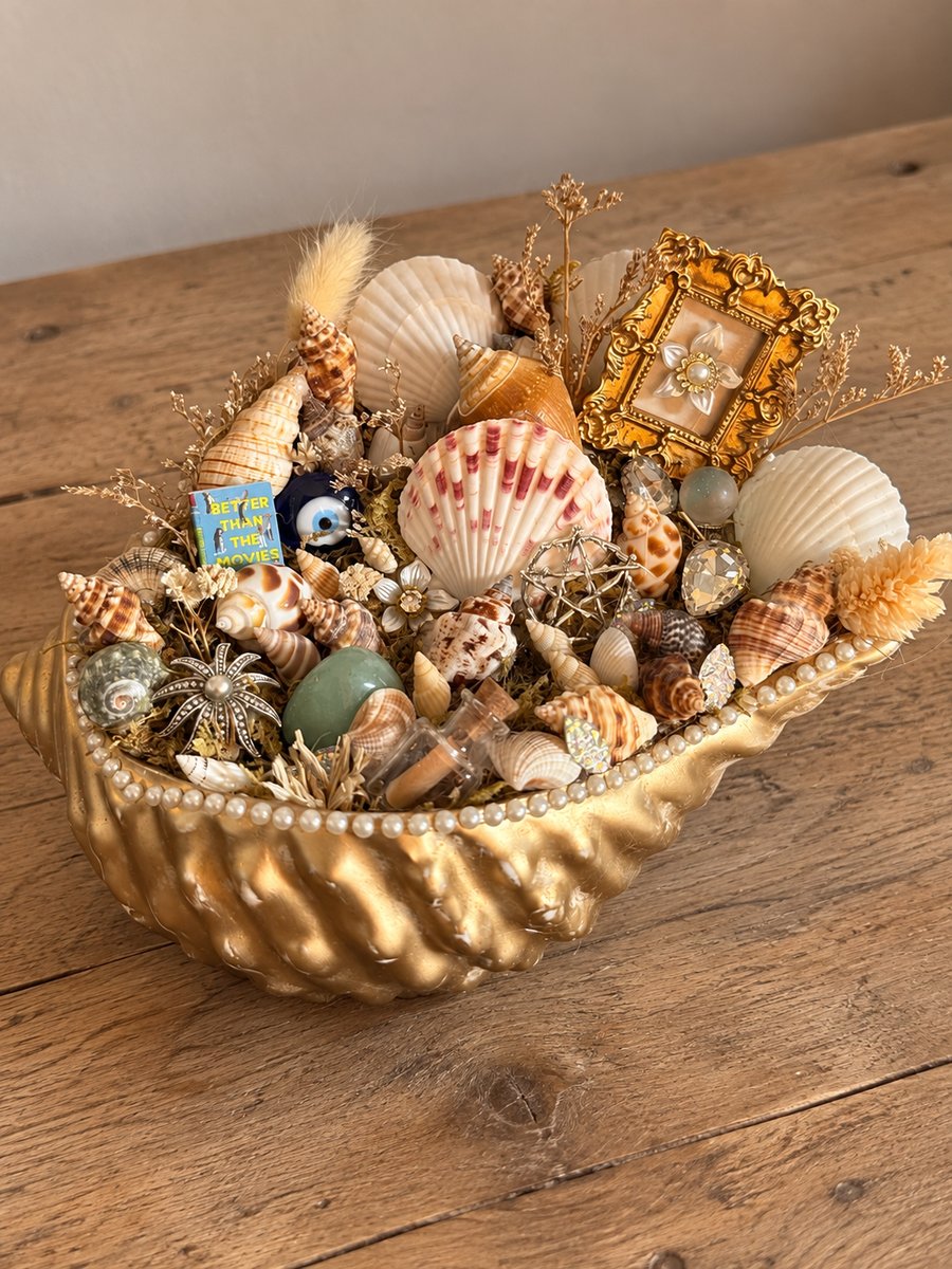 Upcycled Gold Shell Treasure Display Mermaid Coastal Curiosity Décor