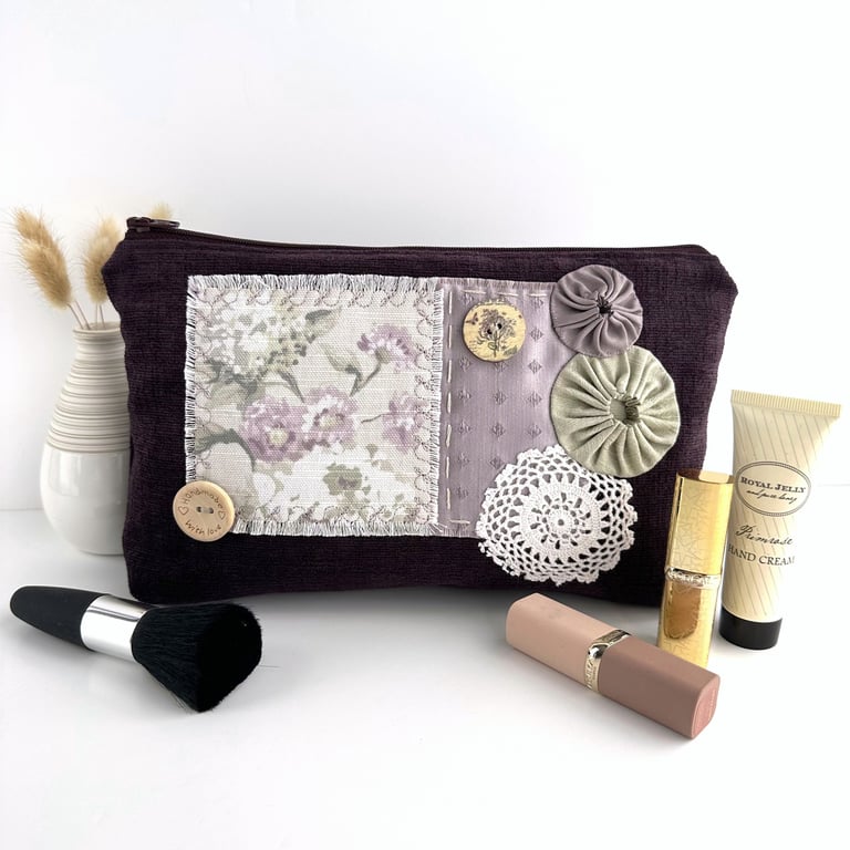 Large Makeup Bag, Plum Purple Make up Bag with Floral Fabric Patch Collage