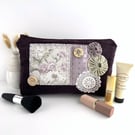 Large Makeup Bag, Plum Purple Make up Bag with Floral Fabric Patch Collage