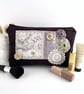Large Makeup Bag, Plum Purple Make up Bag with Floral Fabric Patch Collage