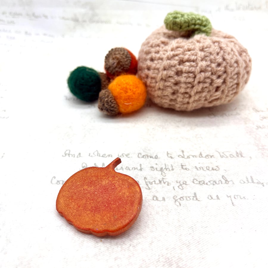 Pumpkin wooden and embossing enamel brooch autumn jewellery