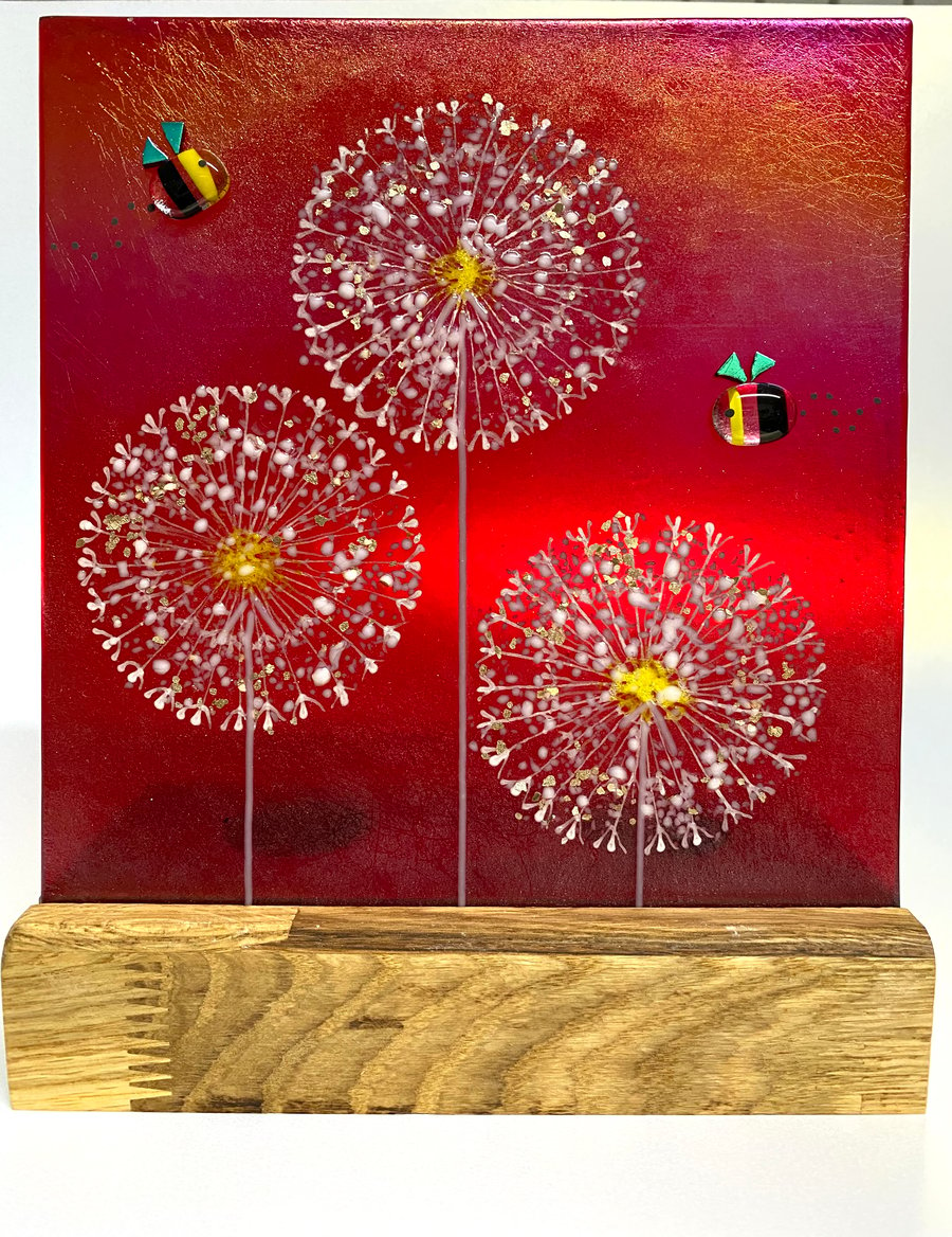 Fused glass dandelion art panel in oak base 