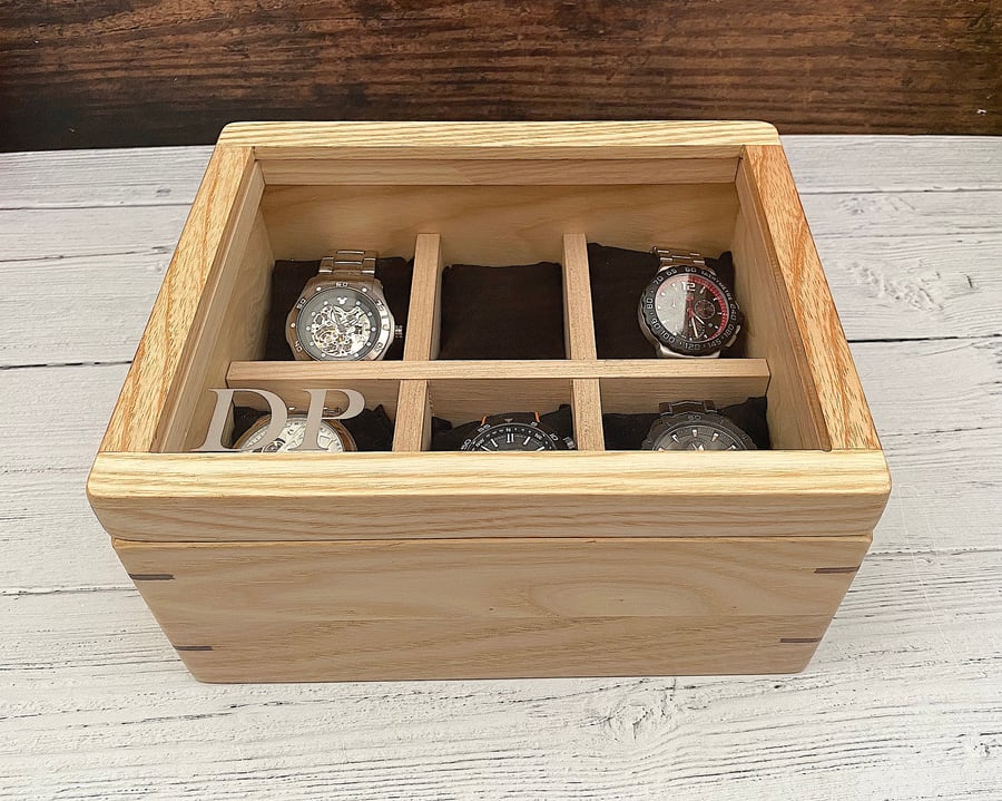 Watch Box For 6 Watches in Ash and Walnut, Personalised With Initials