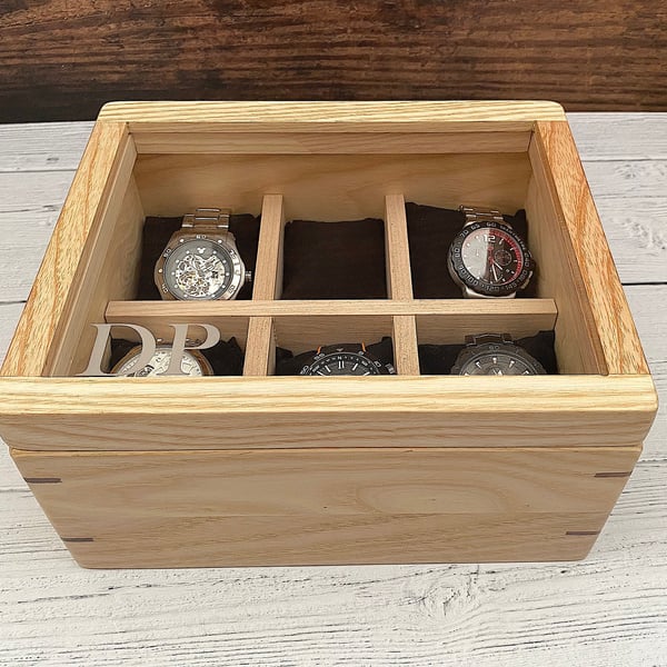 Watch Box For 6 Watches in Ash and Walnut, Personalised With Initials