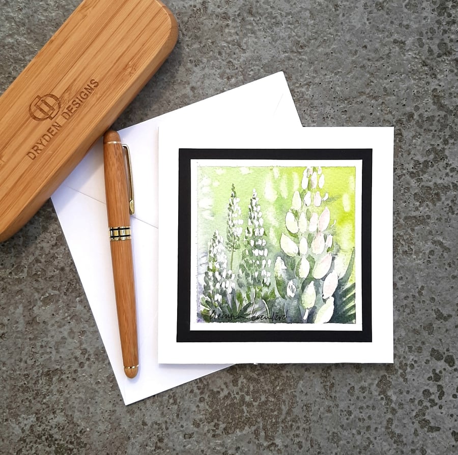 Floral Handpainted Blank Card Of White Lupin Flowers. Any Occasion Notelet