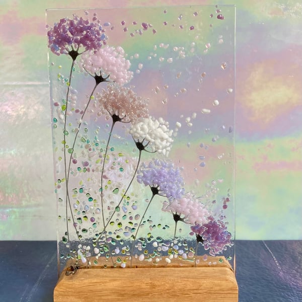 Whimsical Purple and pink mix Flowers fused glass Art Picture Sun Catcher & Wood