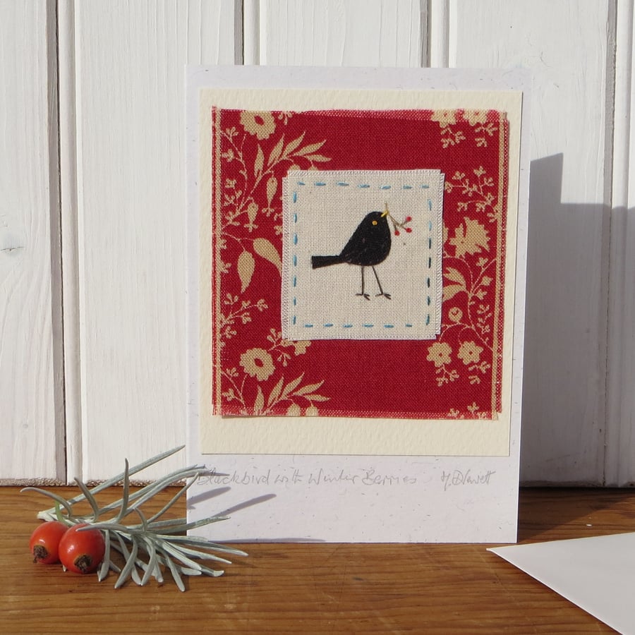 Blackbird with winter berries hand-stitched card for winter birthday or thankyou
